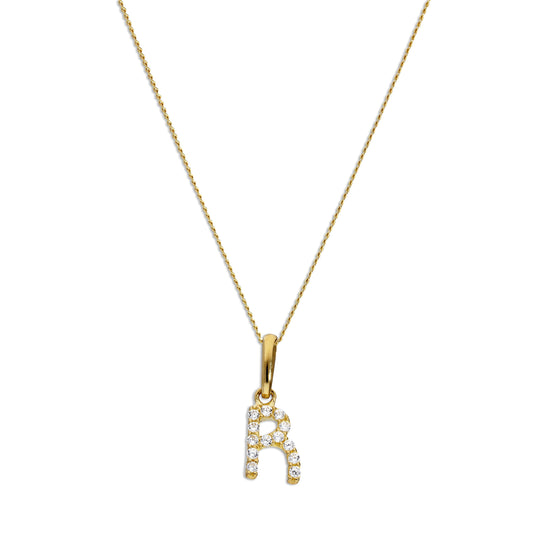9ct Gold & Clear CZ Crystal Script Alphabet Letter R Necklace 16 - 20 Inches
