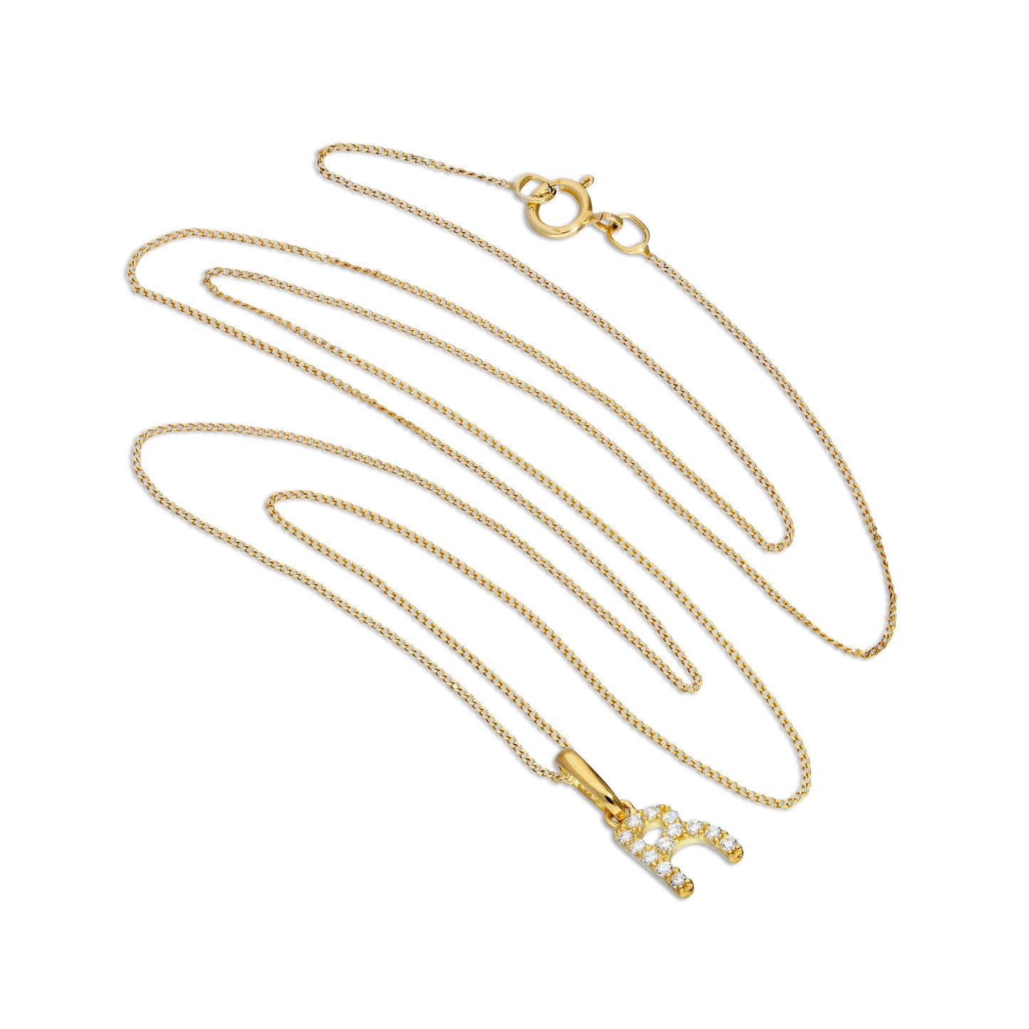 9ct Gold & Clear CZ Crystal Script Alphabet Letter R Necklace 16 - 20 Inches