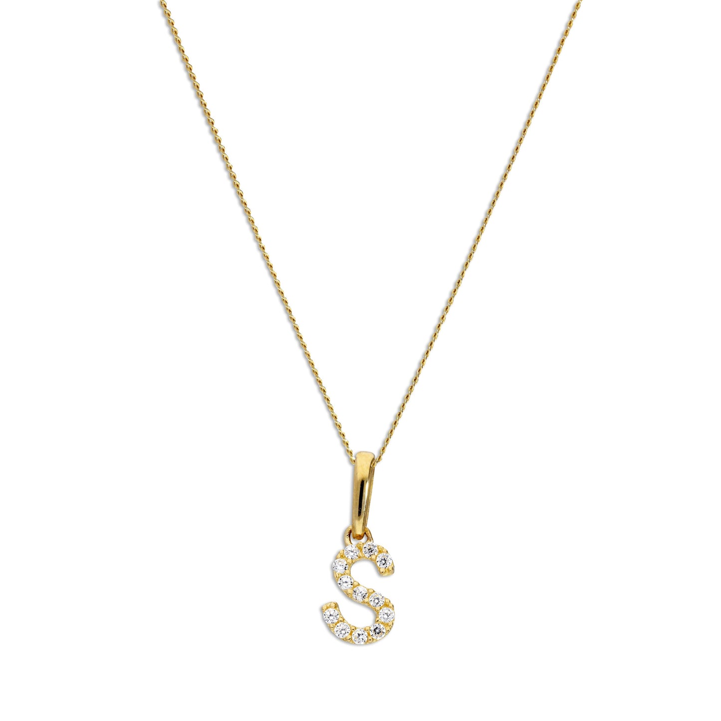 9ct Gold & Clear CZ Crystal Script Alphabet Letter S Necklace 16 - 20 Inches
