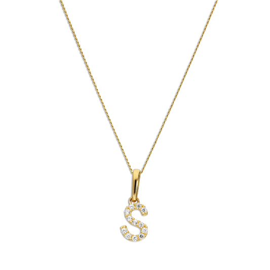 9ct Gold & Clear CZ Crystal Script Alphabet Letter S Necklace 16 - 20 Inches