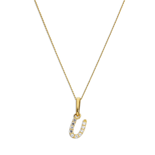 9ct Gold & Clear CZ Crystal Script Alphabet Letter U Necklace 16 - 20 Inches