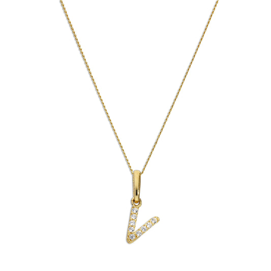 9ct Gold & Clear CZ Crystal Script Alphabet Letter V Necklace 16 - 20 Inches