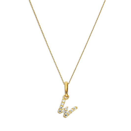 9ct Gold & Clear CZ Crystal Script Alphabet Letter W Necklace 16 - 20 Inches