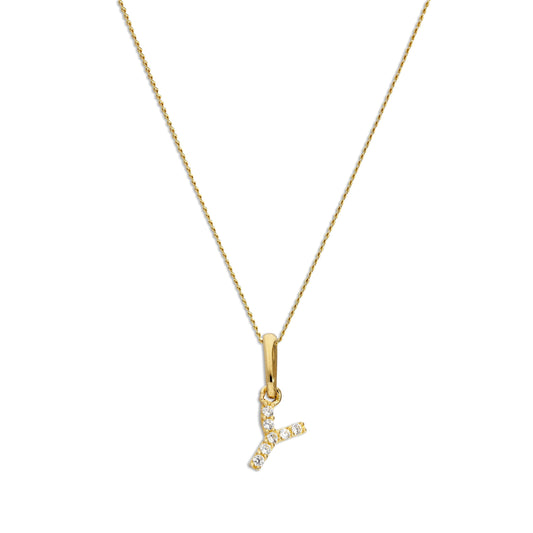 9ct Gold & Clear CZ Crystal Script Alphabet Letter Y Necklace 16 - 20 Inches