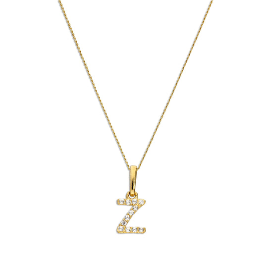 9ct Gold & Clear CZ Crystal Script Alphabet Letter Z Necklace 16 - 20 Inches