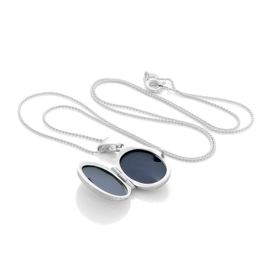 Small Sterling Silver Oval Locket with Diamond on Chain