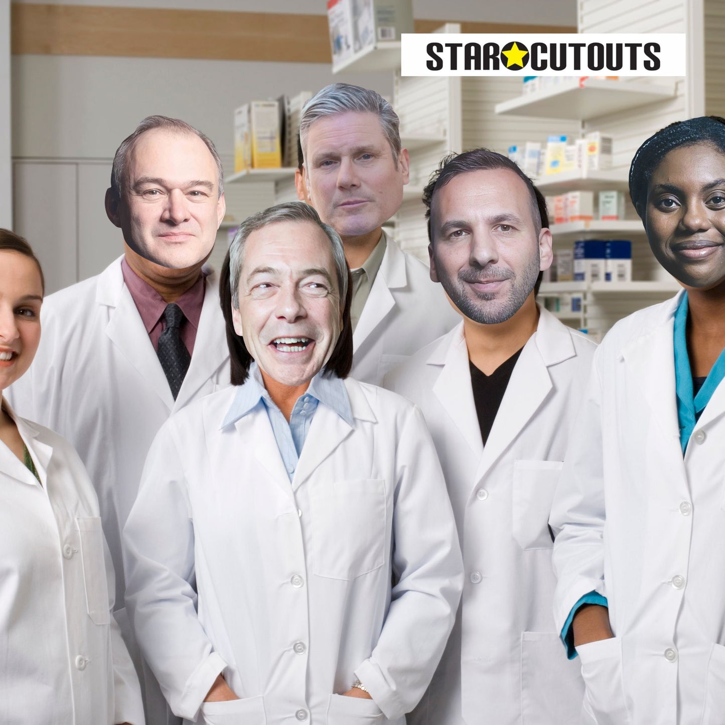 SMP472 British Politics Six Pack Masks - Ed Davey, Kemi Badenoch, Zack Polanski, Kier Starmer, Nigel Farage & Boris Johnson
