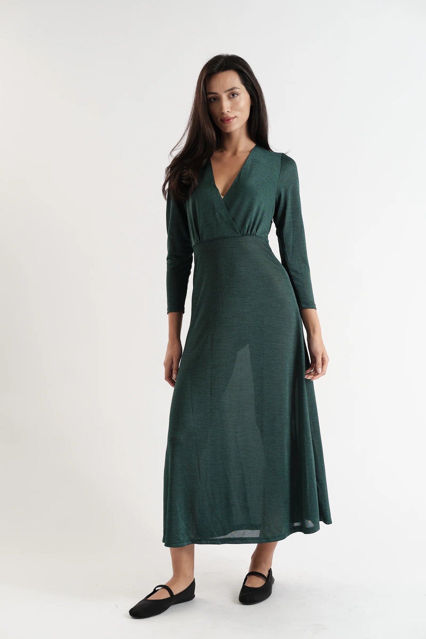 Sona Marl Faux Wrap Midi Dress in Green
