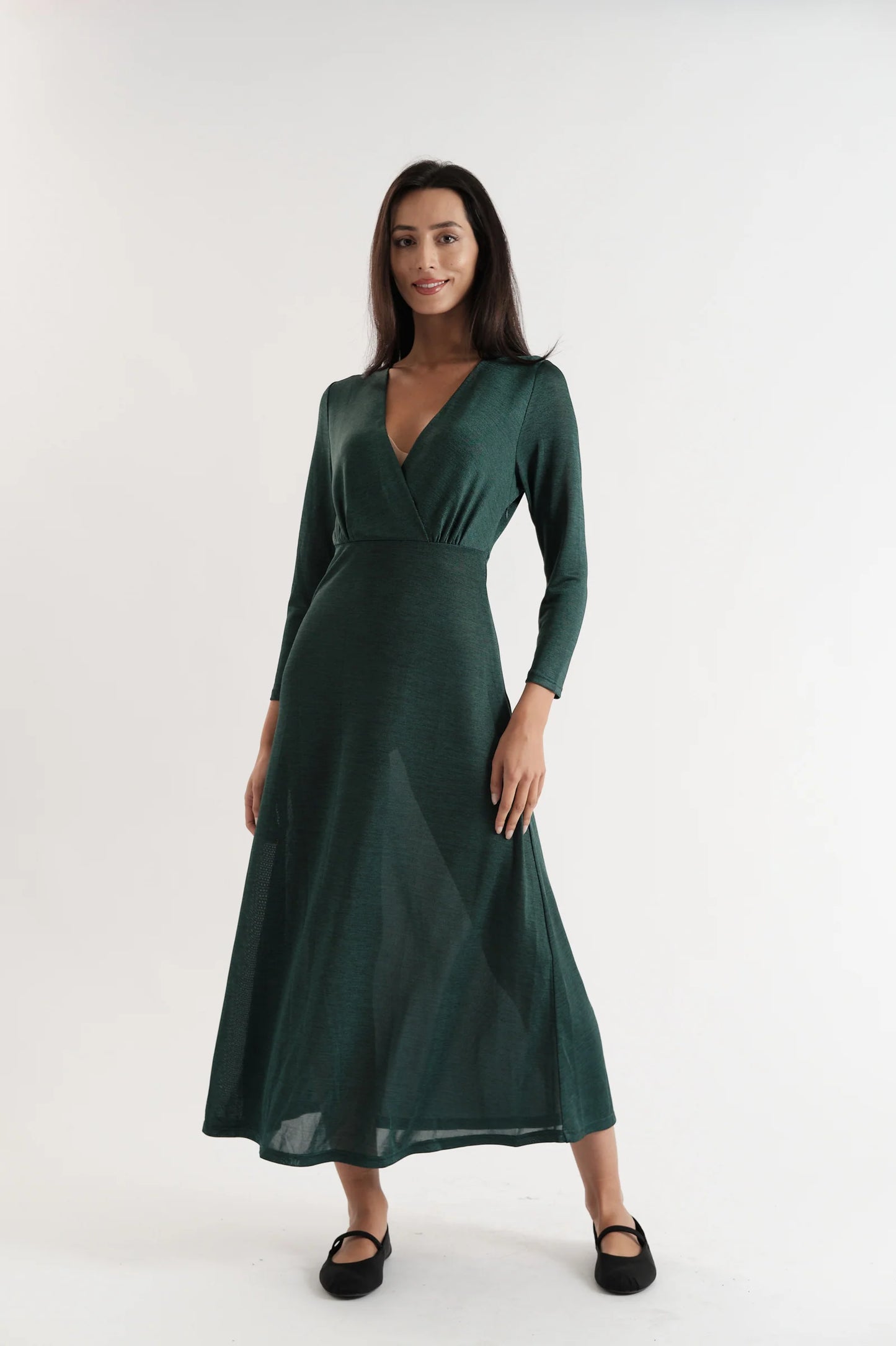 Sona Marl Faux Wrap Midi Dress in Green