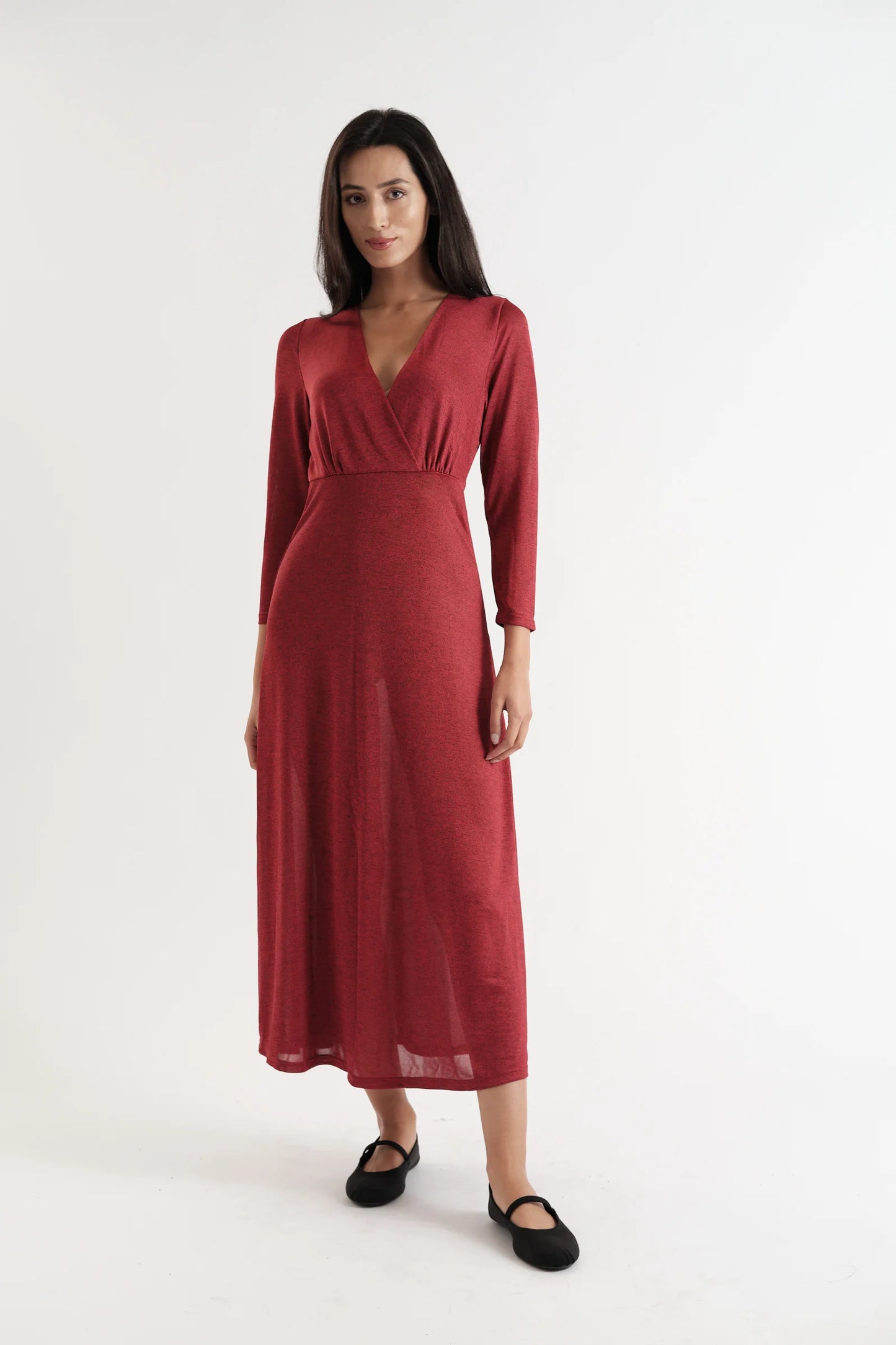 Sona Marl Faux Wrap Midi Dress in Red