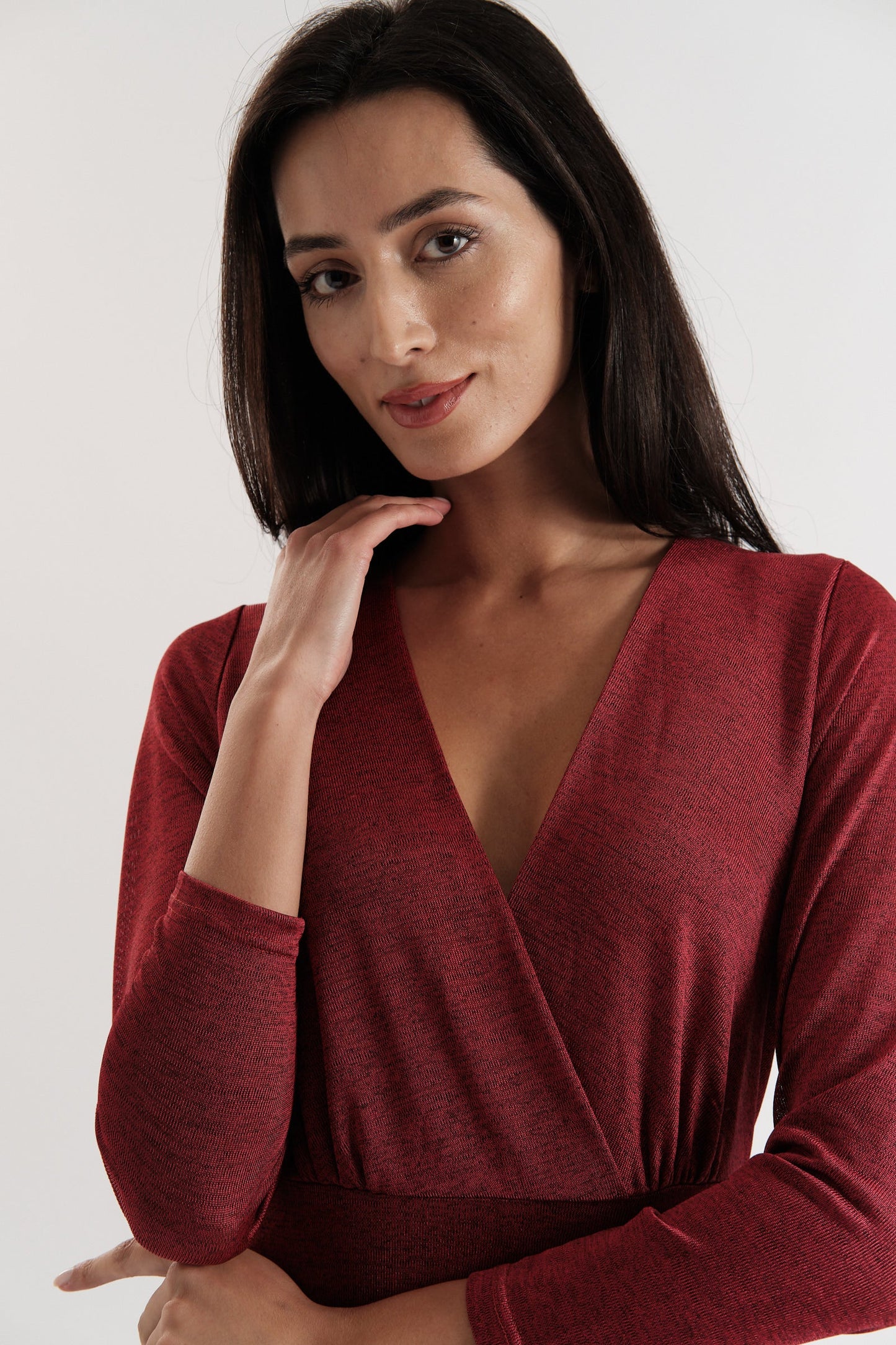 Sona Marl Faux Wrap Midi Dress in Red