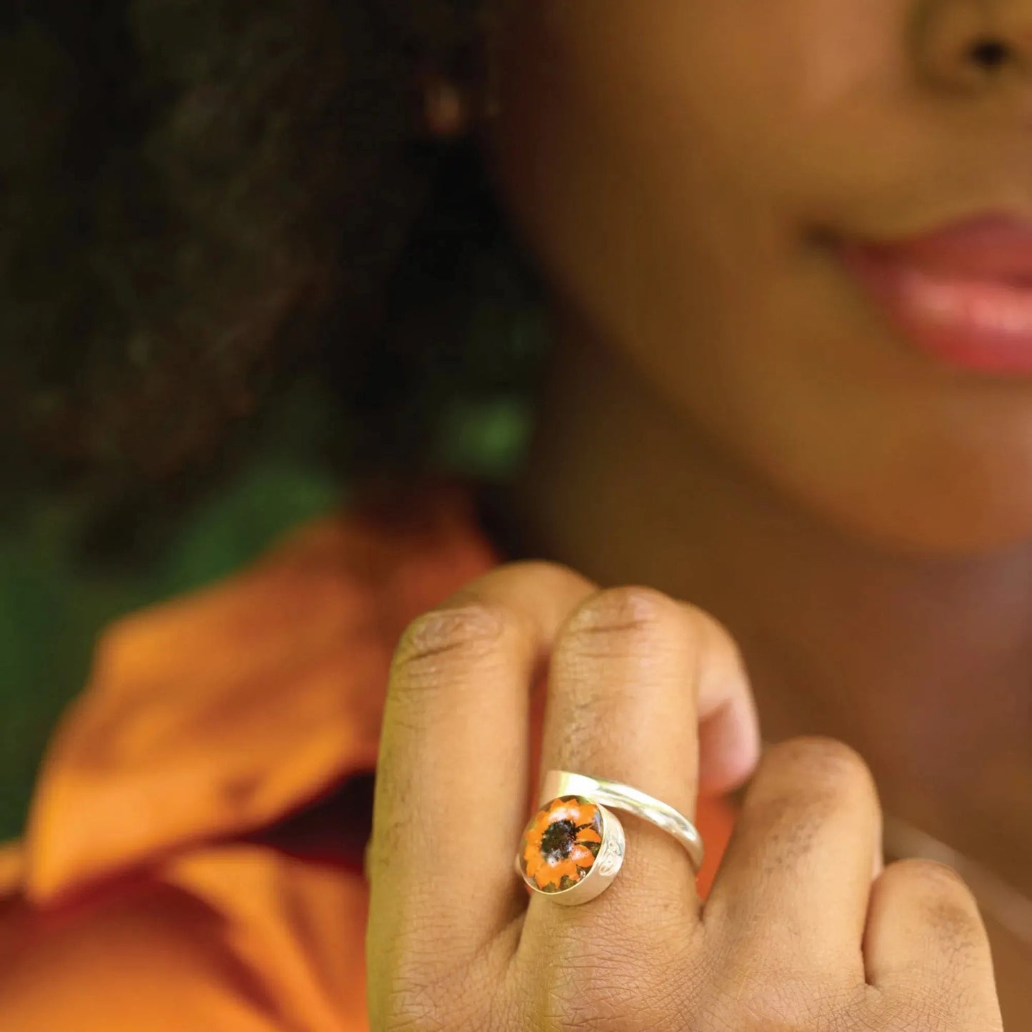 Sunflower jewellery by  Shrieking Violet® Sterling silver adjustable ring with a real flower. Ideal gift for a special friend, mum, wife