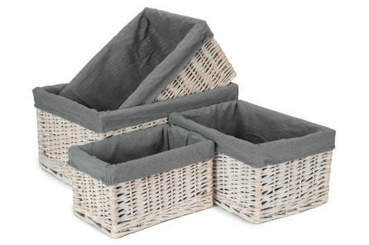 White Wash Willow Storage Basket with Grey Sage Lining Set 4