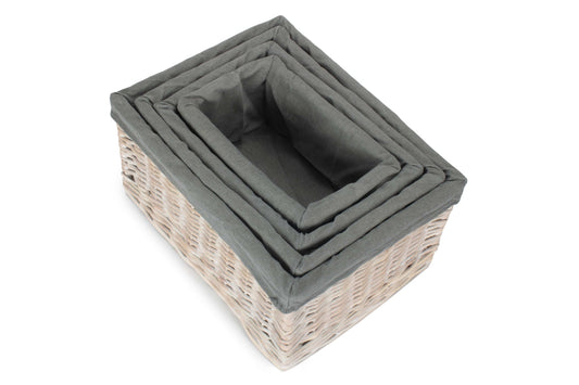 White Wash Willow Storage Basket with Grey Sage Lining Set 4