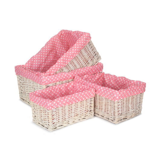 White Wash Willow Storage Basket with Pink Spotty Lining Set 4