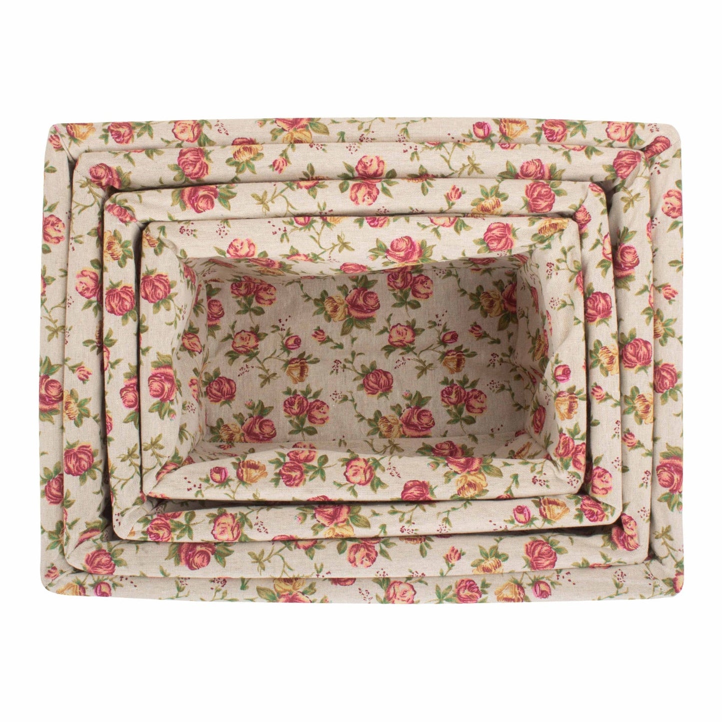 White Wash Willow Storage Basket with Garden Rose Lining Set 4