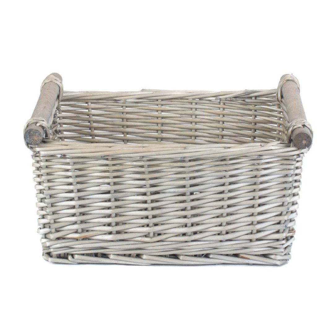 Medium Antique Wash Wooden Handled Storage Basket