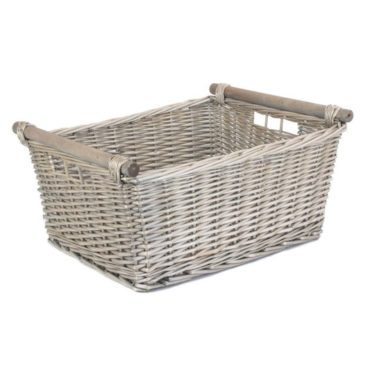 Extra Large Antique Wash Wooden Handled Storage Basket