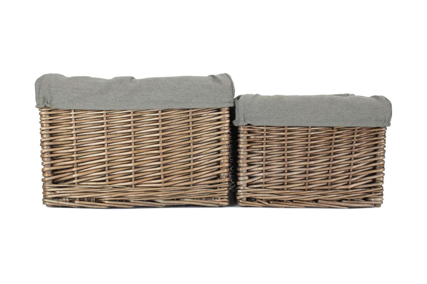 Square Antique Wash Willow Storage Basket with Grey Sage Lining Set 2