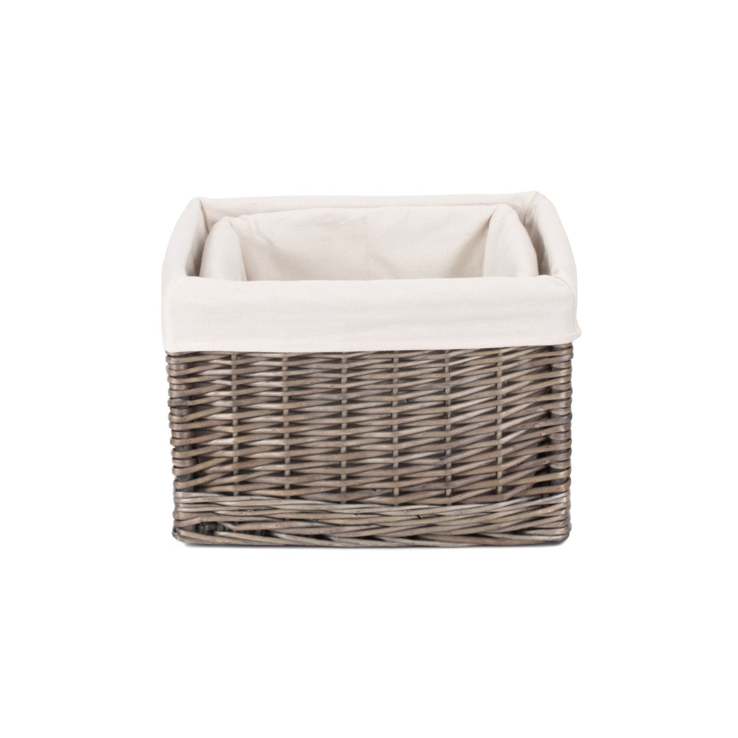 Square Antique Wash Willow Storage Basket with White Lining Set 2