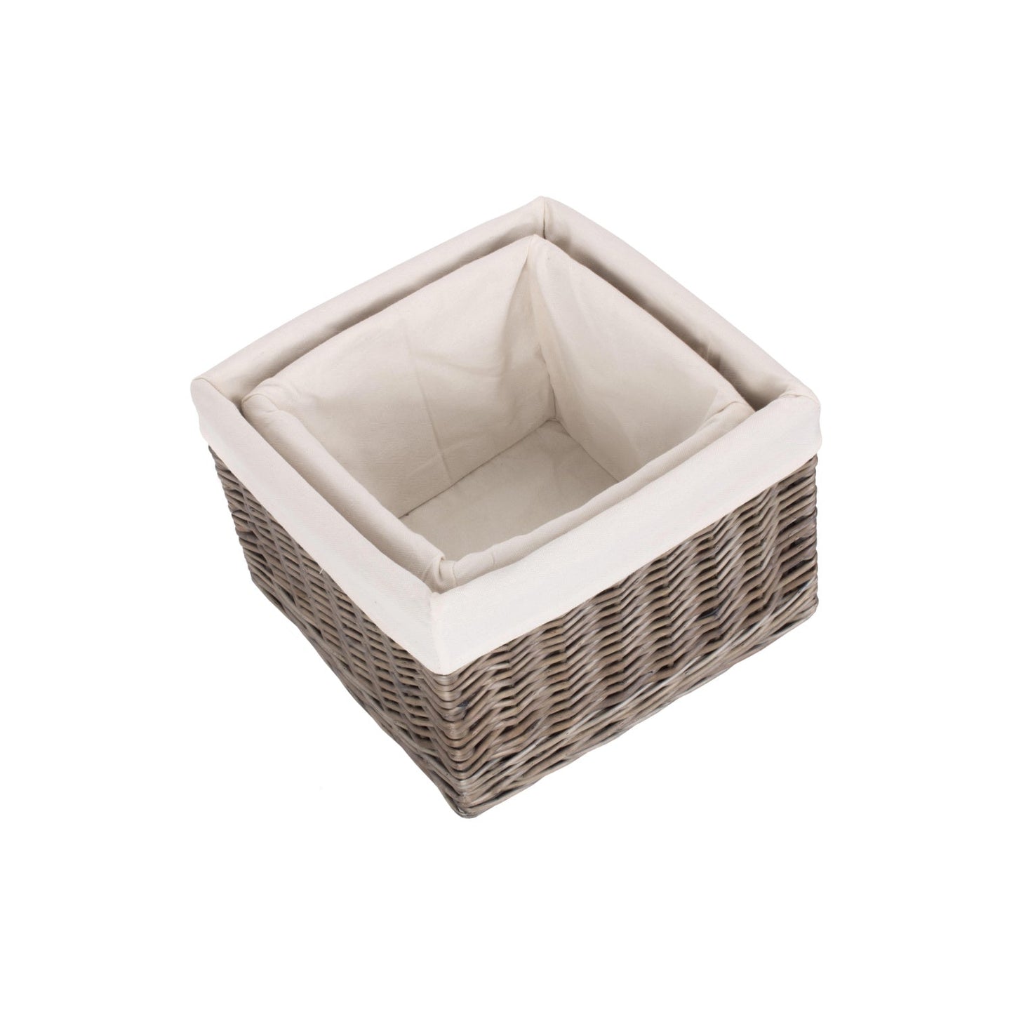 Square Antique Wash Willow Storage Basket with White Lining Set 2