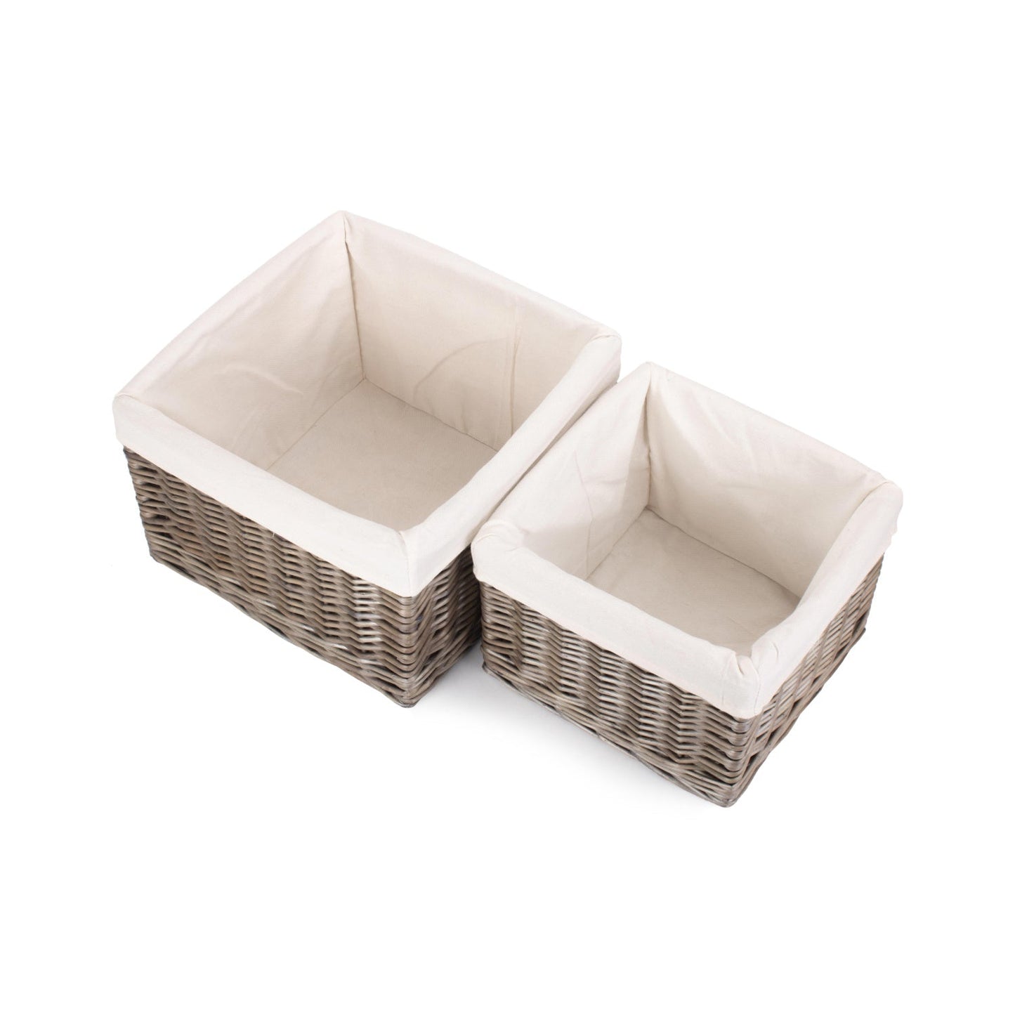 Square Antique Wash Willow Storage Basket with White Lining Set 2