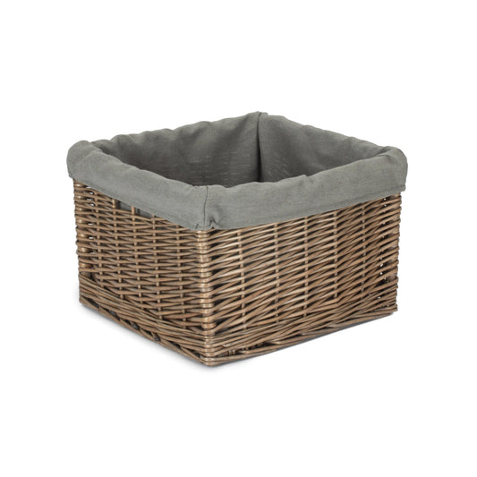 Medium Square Antique Wash Willow Storage Basket with Grey Sage Lining