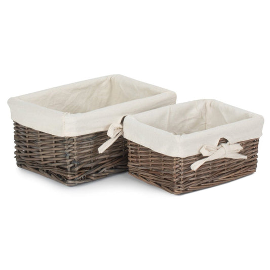Antique Wash Willow Basket with Lining Set 2