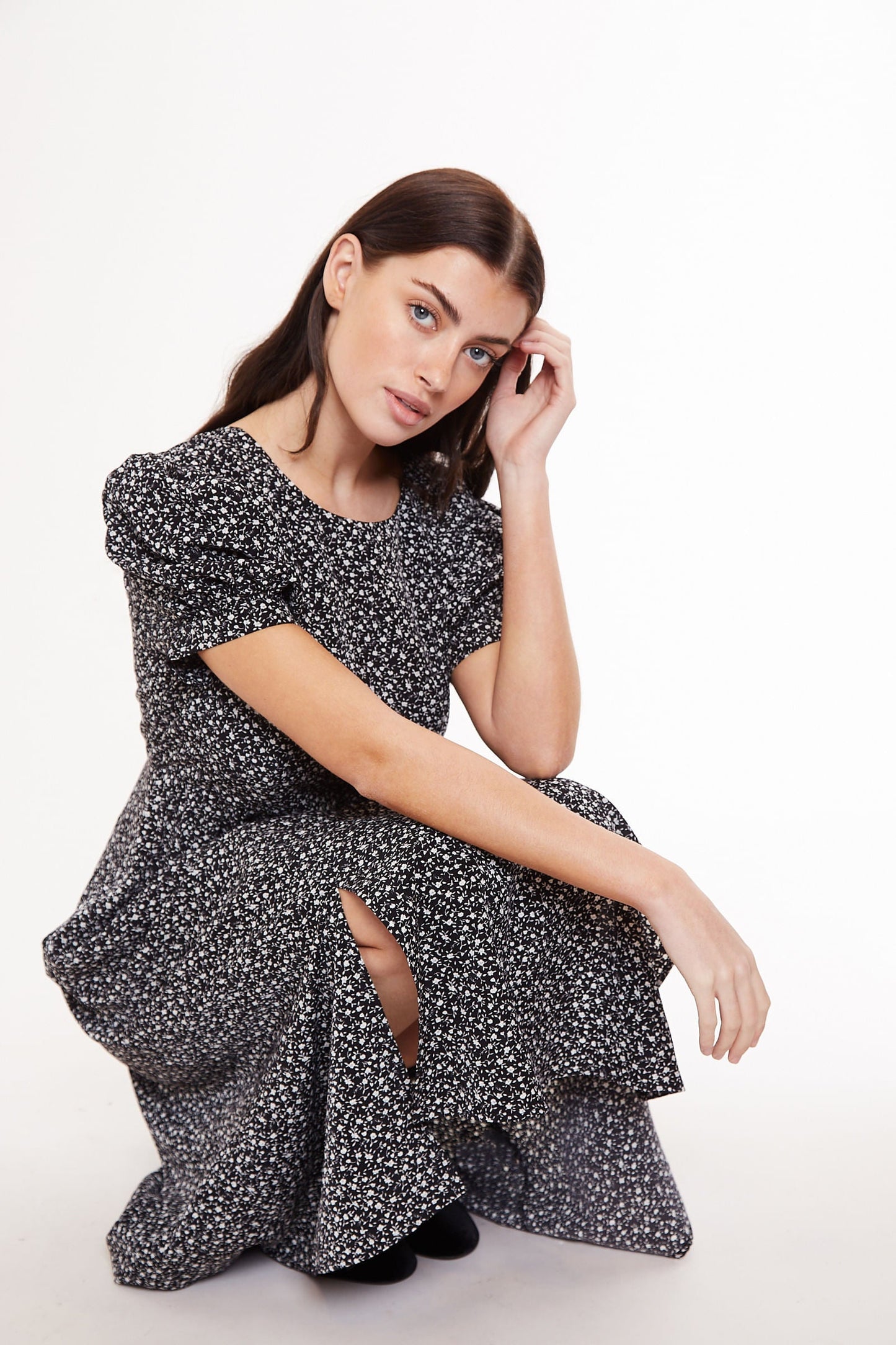 Louche Stasia Night Flower Print Statement Sleeve Midi Dress