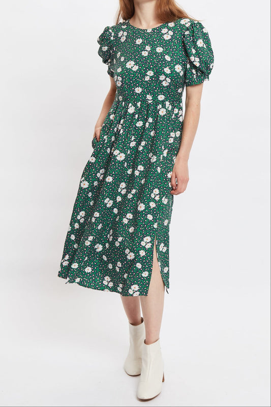 Louche Stasia Roaring Daisy Print V Back Puff Sleeve Midi Dress - Green