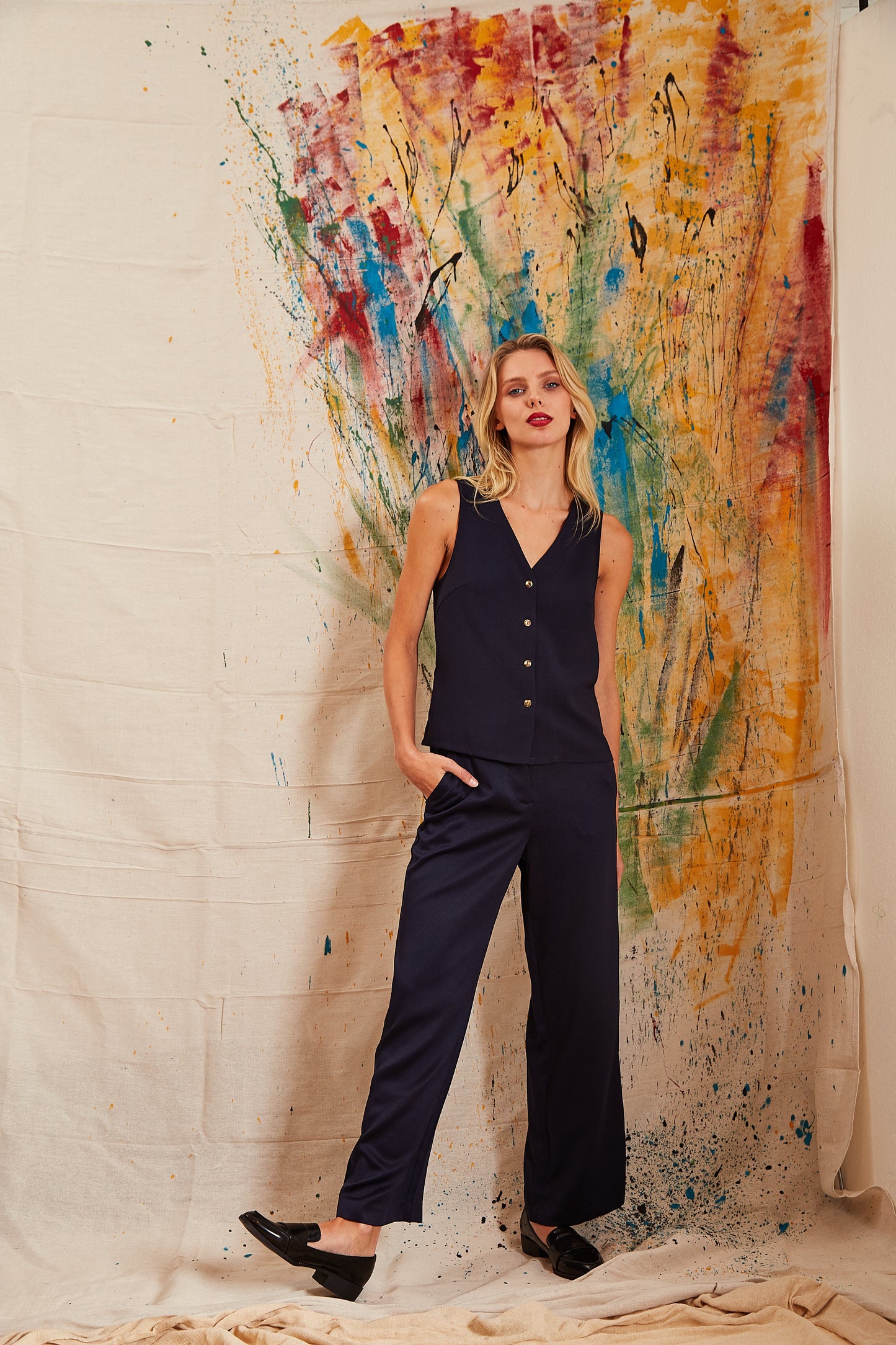 Tilde Sustainable Satin Back Crepe Wide Leg Trousers - Navy