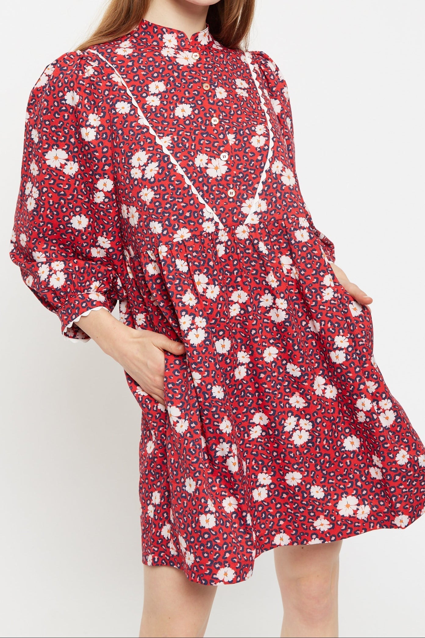 Louche Suzanne Roaring Daisy Print Long Sleeve Mini Dress - Red