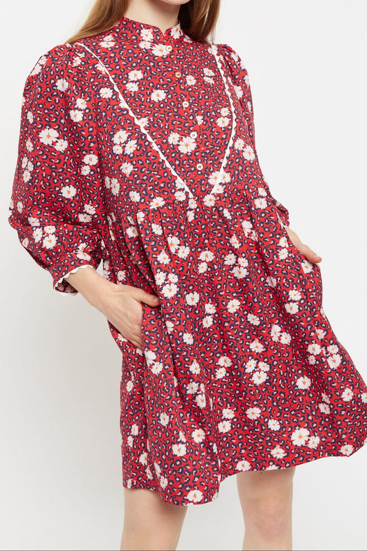 Louche Suzanne Roaring Daisy Print Long Sleeve Mini Dress - Red