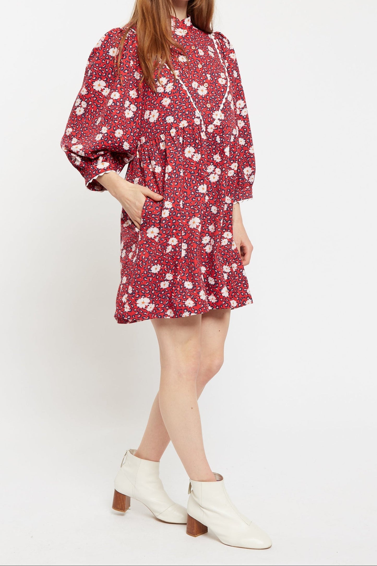 Louche Suzanne Roaring Daisy Print Long Sleeve Mini Dress - Red