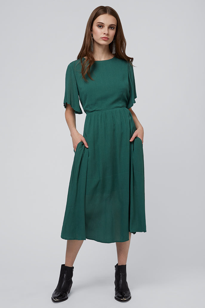 Safa Green Cut Out Back Midi Dress