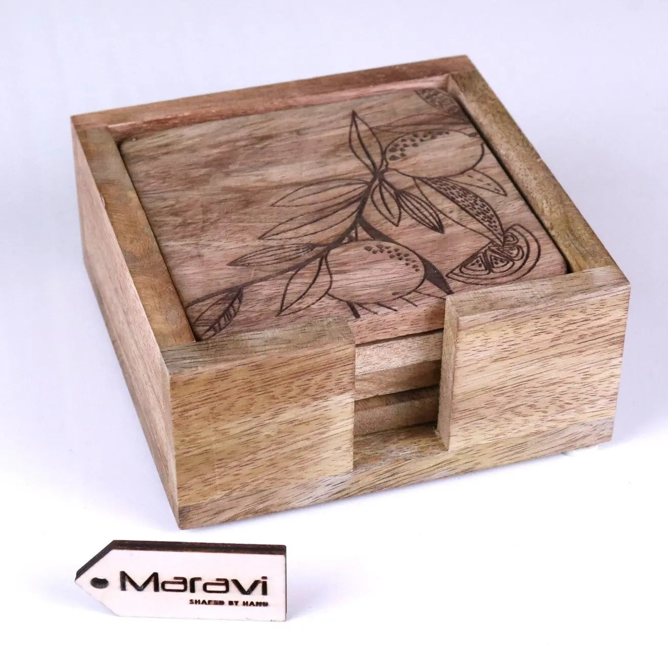 Saitras Mango Wood Coasters Engraved Citrus Design