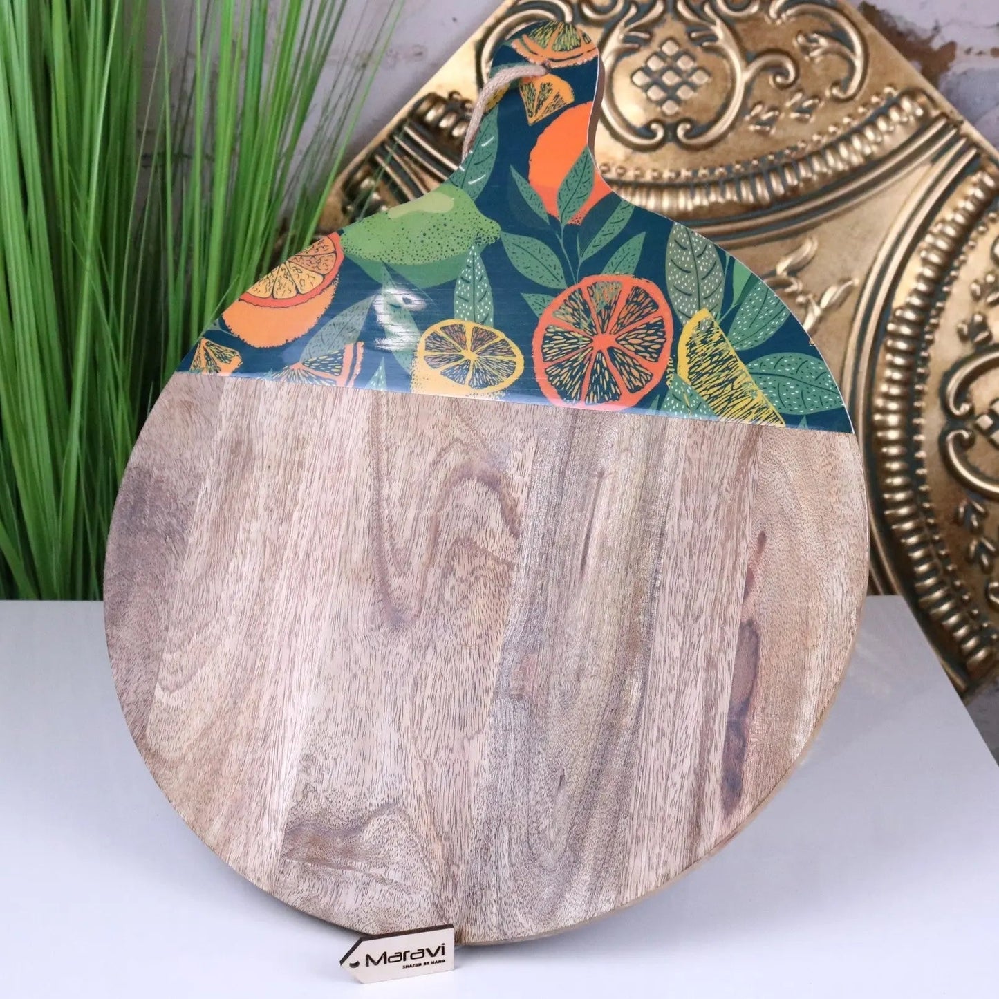 Saitras Round Chopping Board 48cm Enamel Citrus Design - Green