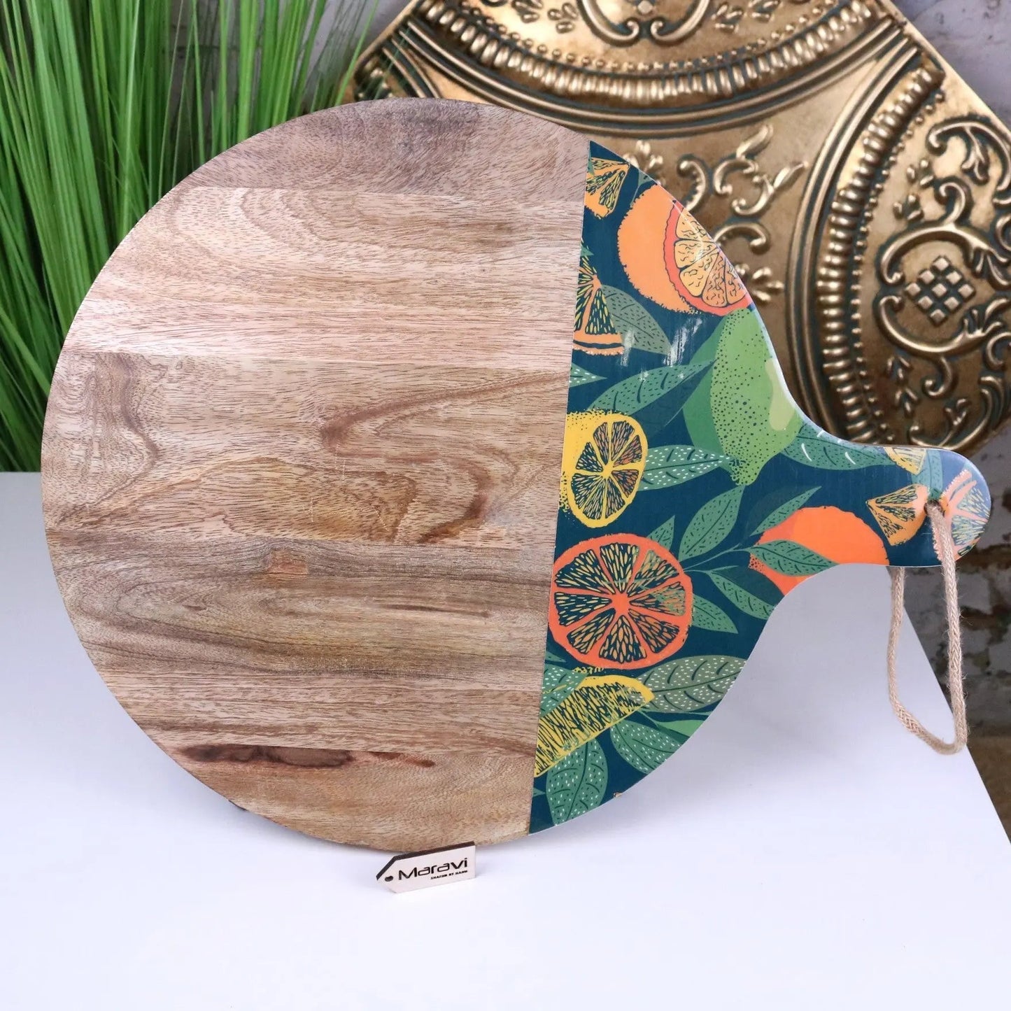 Saitras Round Chopping Board 48cm Enamel Citrus Design - Green