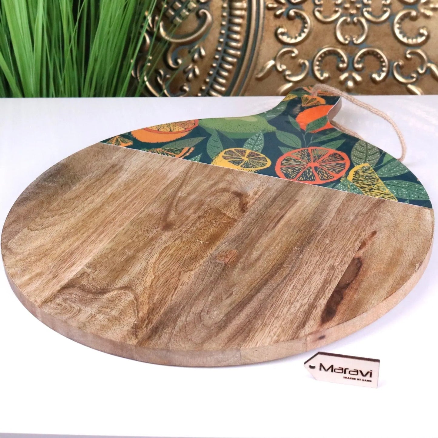 Saitras Round Chopping Board 48cm Enamel Citrus Design - Green