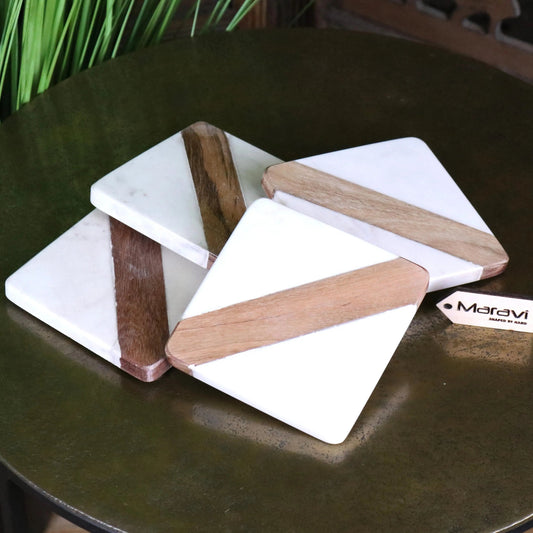 Salya White Marble and Wood Luxury Coasters