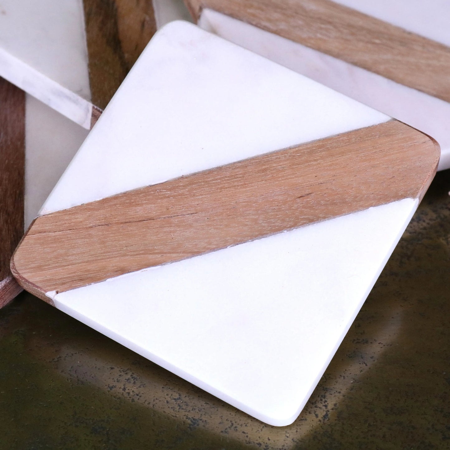 Salya White Marble and Wood Luxury Coasters