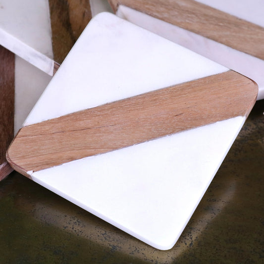 Salya White Marble and Wood Luxury Coasters