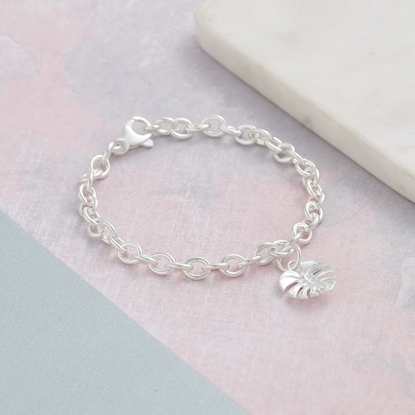 Monstera Palm Silver Charm Bracelet