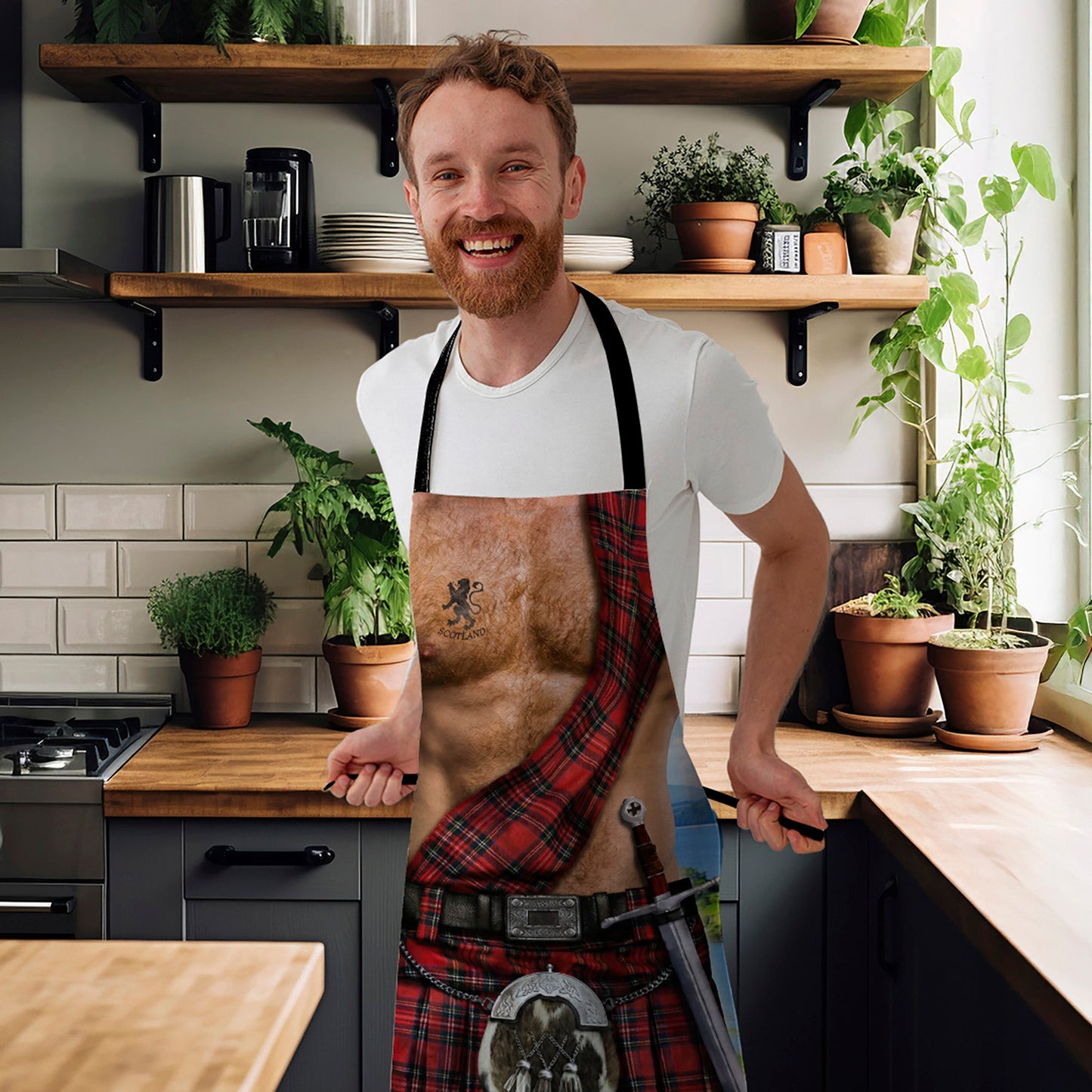 Scottish Man Wearing Kilt - Novelty - Water-Resistant Adults Apron