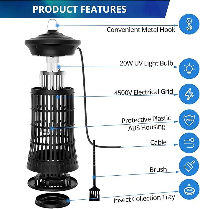 Senelux Mosquito Killer Lamp 4500V Fly Zapper 20W Insect Mosquito Trap with UV Light Bug Zapper 100m³ Coverage for Indoor Garden Outdoor
