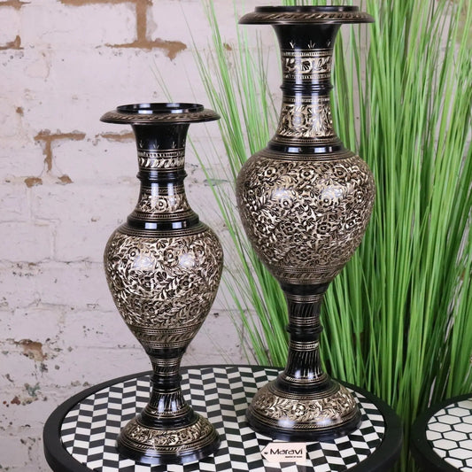 Set of 2 Black Etched Brass Vases 40cm and 50cm