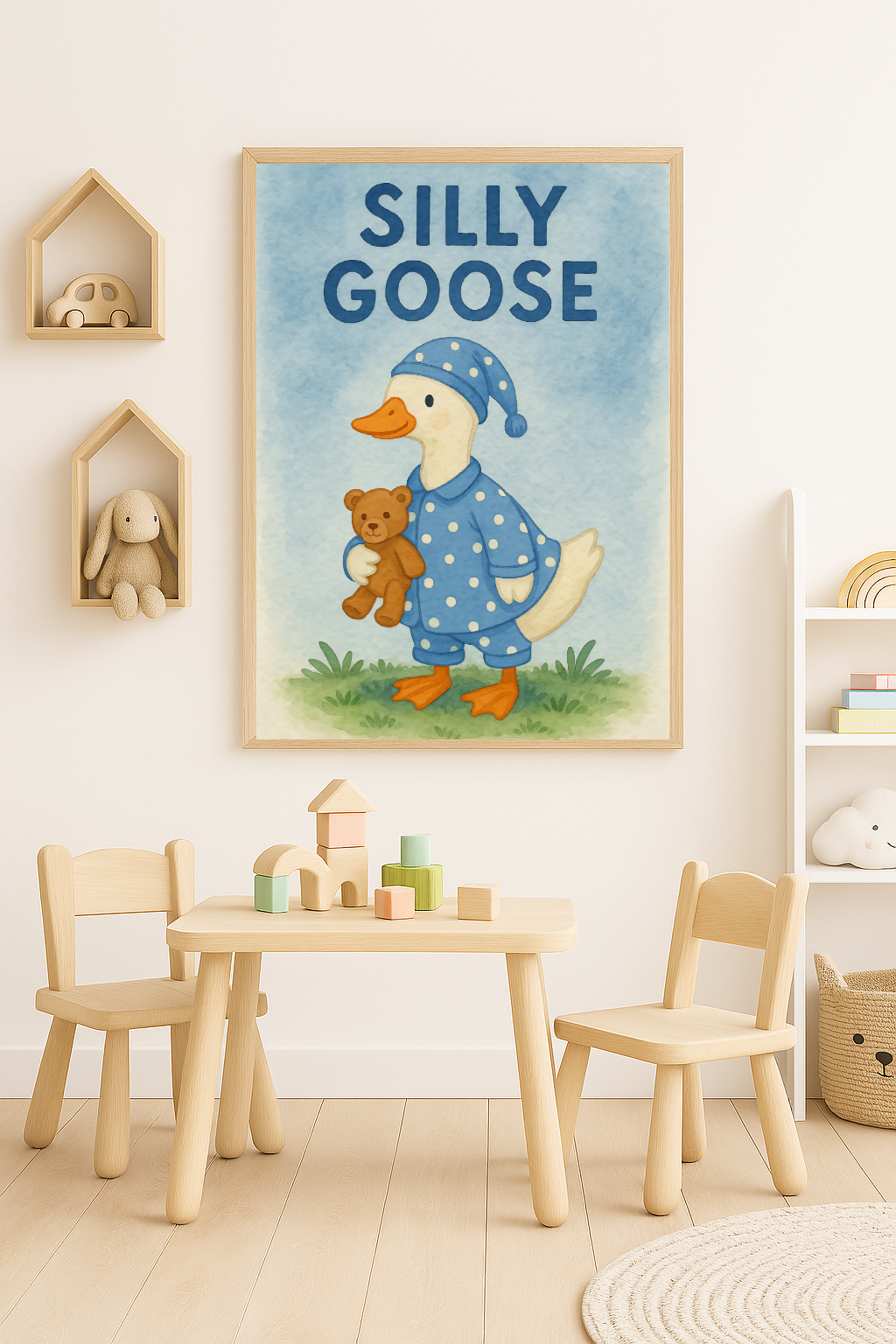 Silly Goose Bedtime Blue Nursery Children's Room Wall Decor Print
