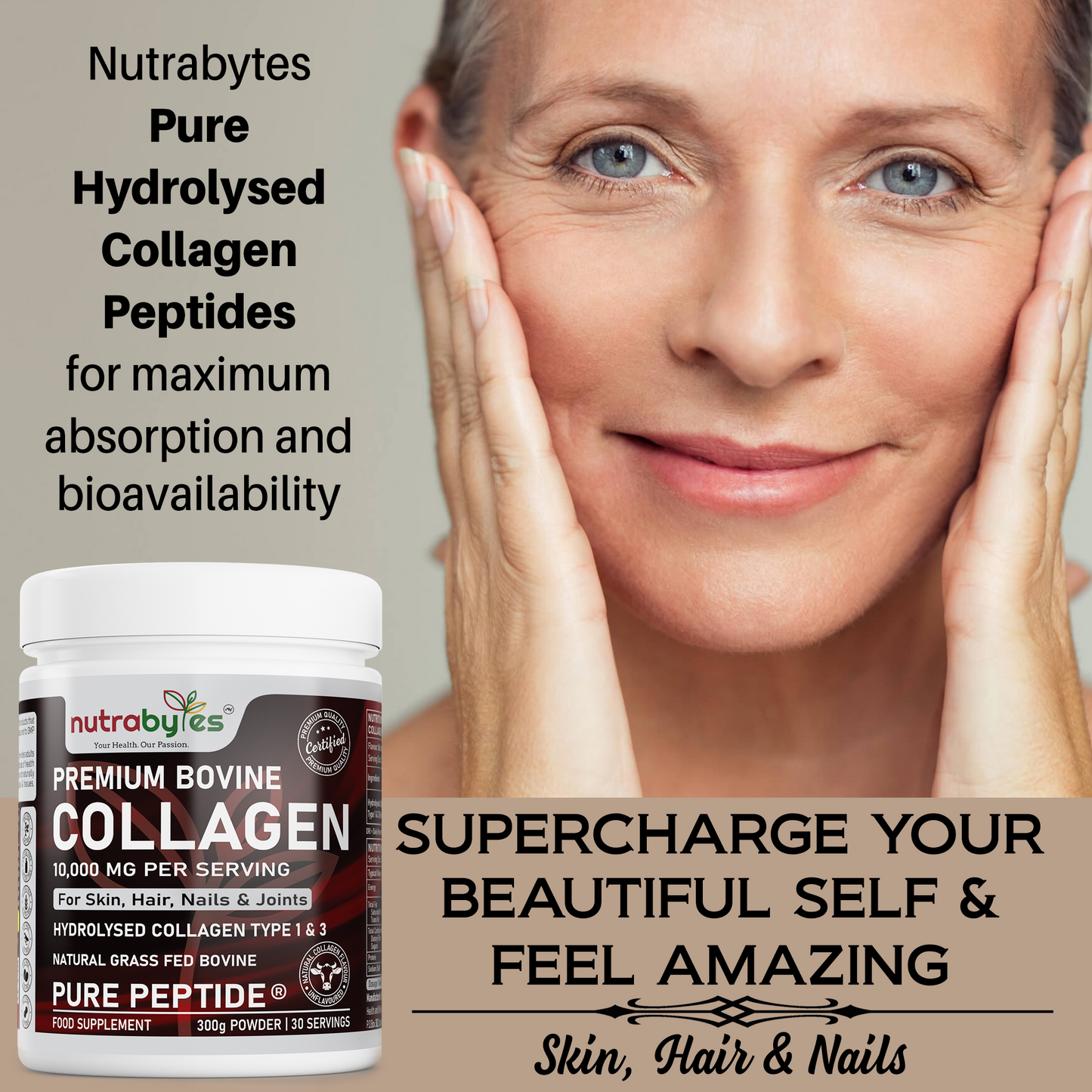 Premium Bovine Collagen Supplement Powder, 10,000 mg Pure Hydrolysed Collagen Peptides, Blended with 19 Amino Acids, Unflavoured Collagen Protein Powder Types 1 and 3, Halal & Kosher