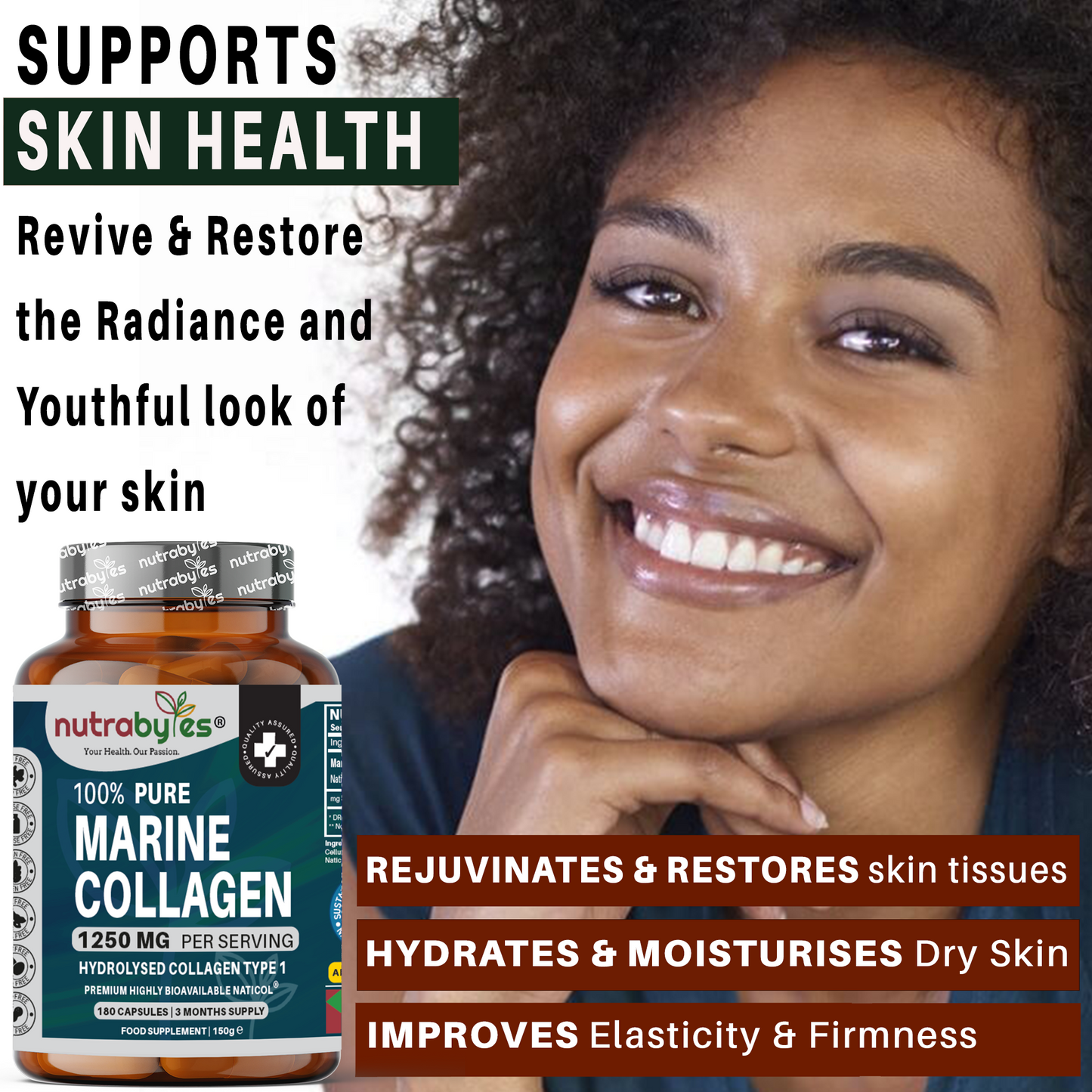 Pure Marine Collagen Supplement | 1250mg High Strength Collagen Capsules | Hydrolysed Marine Collagen Protein Peptides Type 1 | 180 Collagen Capsules | 3-month supply | Made in UK