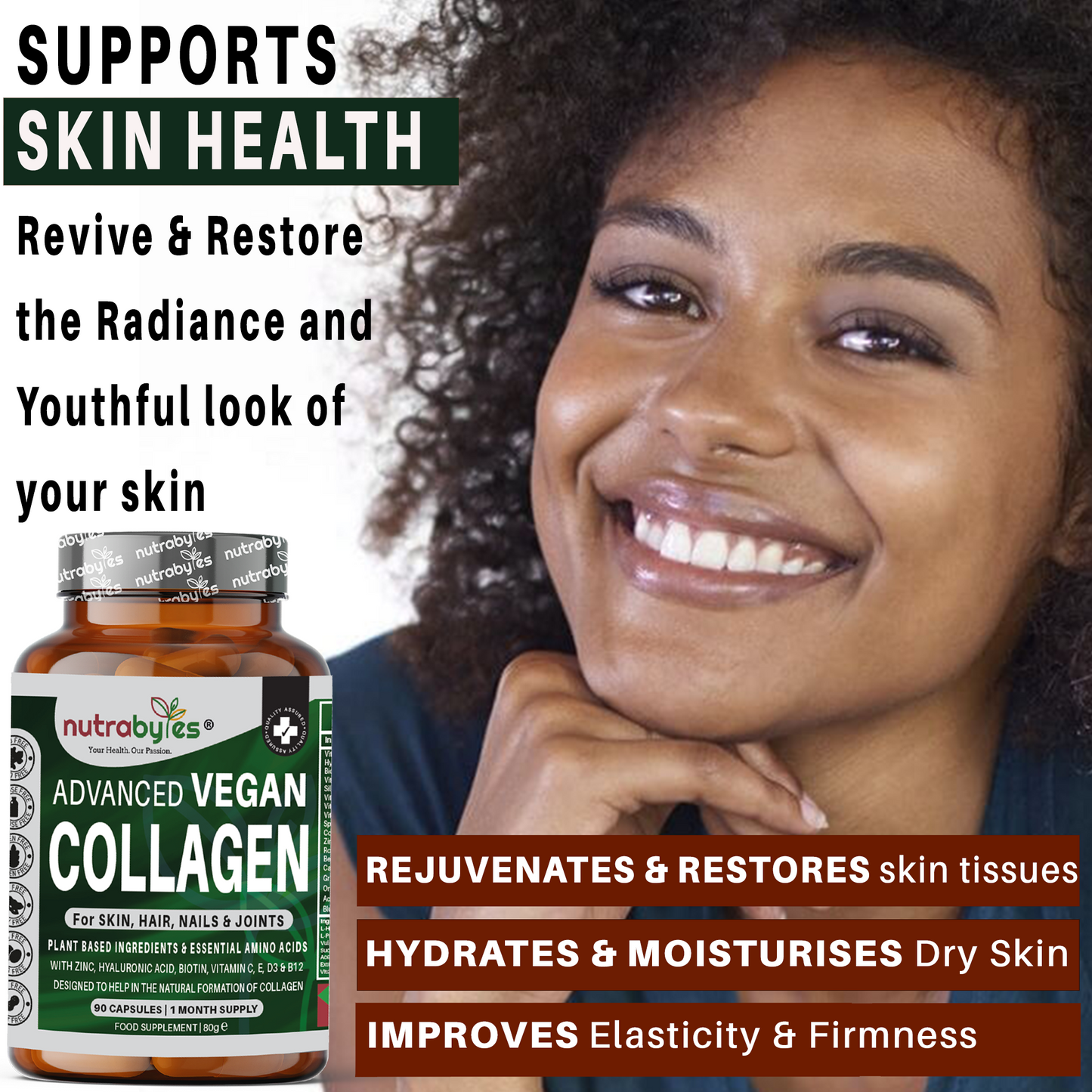 Advanced Vegan Collagen | Plant-Based Ingredients Including Essential Amino Acids | 90 Capsules | 1 Month | Hair, Skin, Nails and Joints | Collagen Supplements for Men & Women